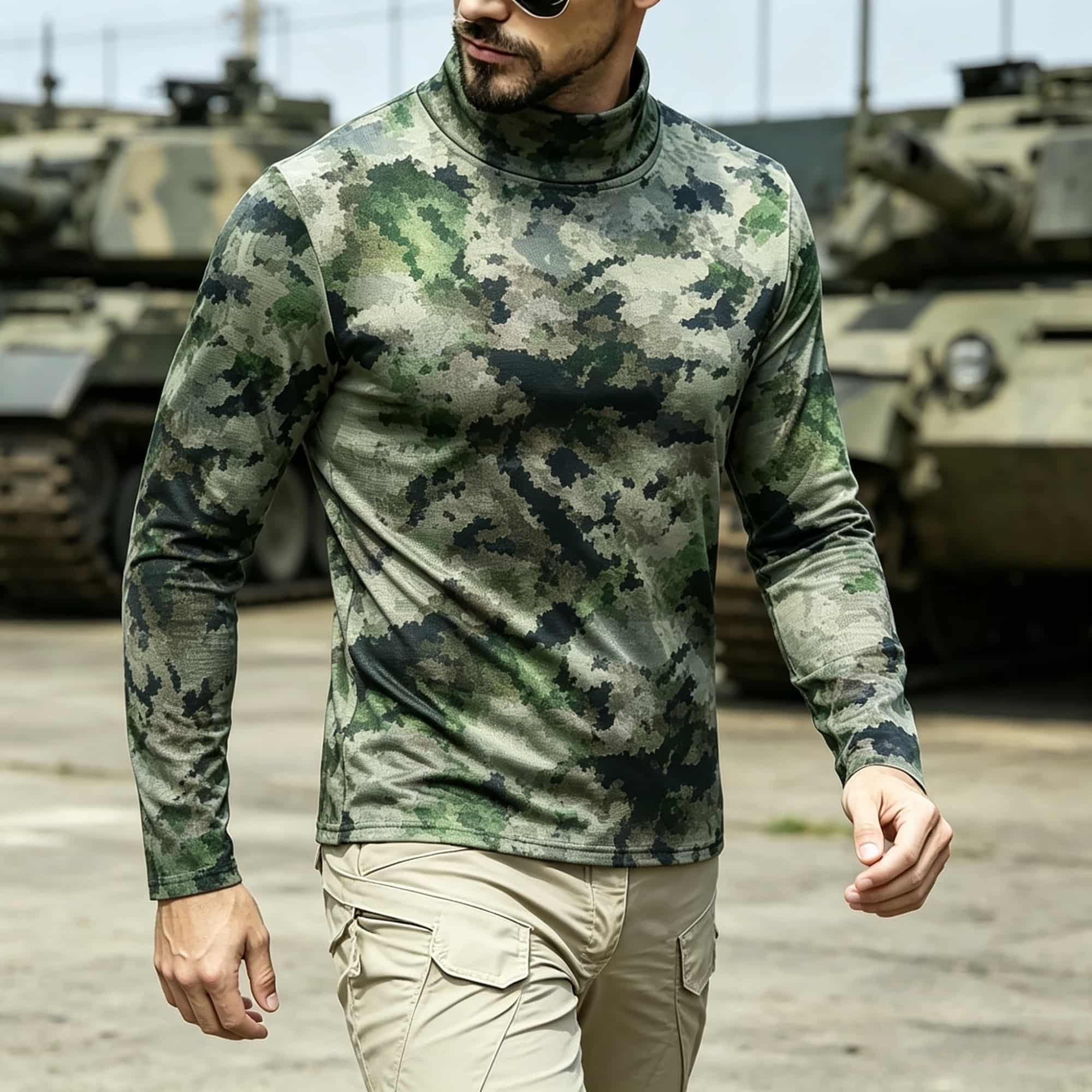 Base Layer Top - Herren Taktisches Camouflage-Print Langarmshirt mit Stehkragen,