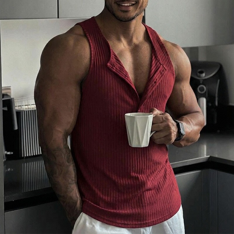 Tank Top Ribbed - Sportliches Tanktop Einfarbig Rundhalsausschnitt Knopfleiste Vorderseite